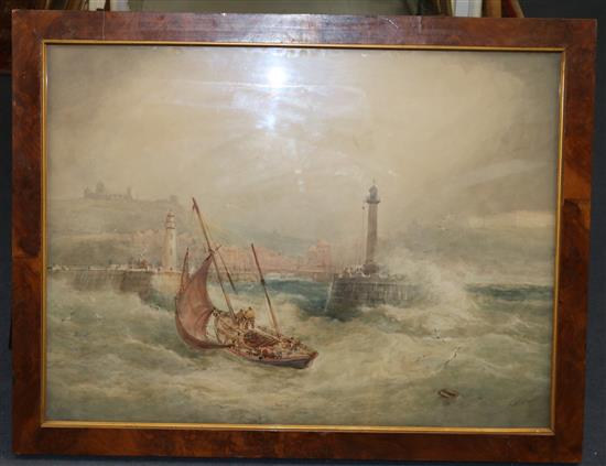 Frederick William Booty (1840-1924) Fishing boat entering Scarborough Harbour, the abbey beyond, 23 x 31in.